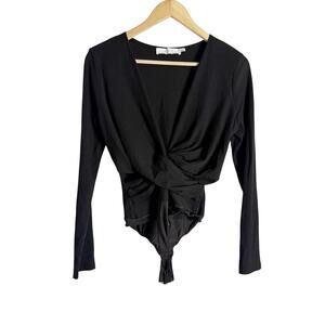 ASTR The Label Black Twist Front Faux Wrap Long Sleeve Ribbed Bodysuit Size M